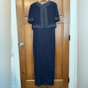 Vintage Brilliante Navy Blue Silk Beaded Short Sleeve Dress Formal Party Size M